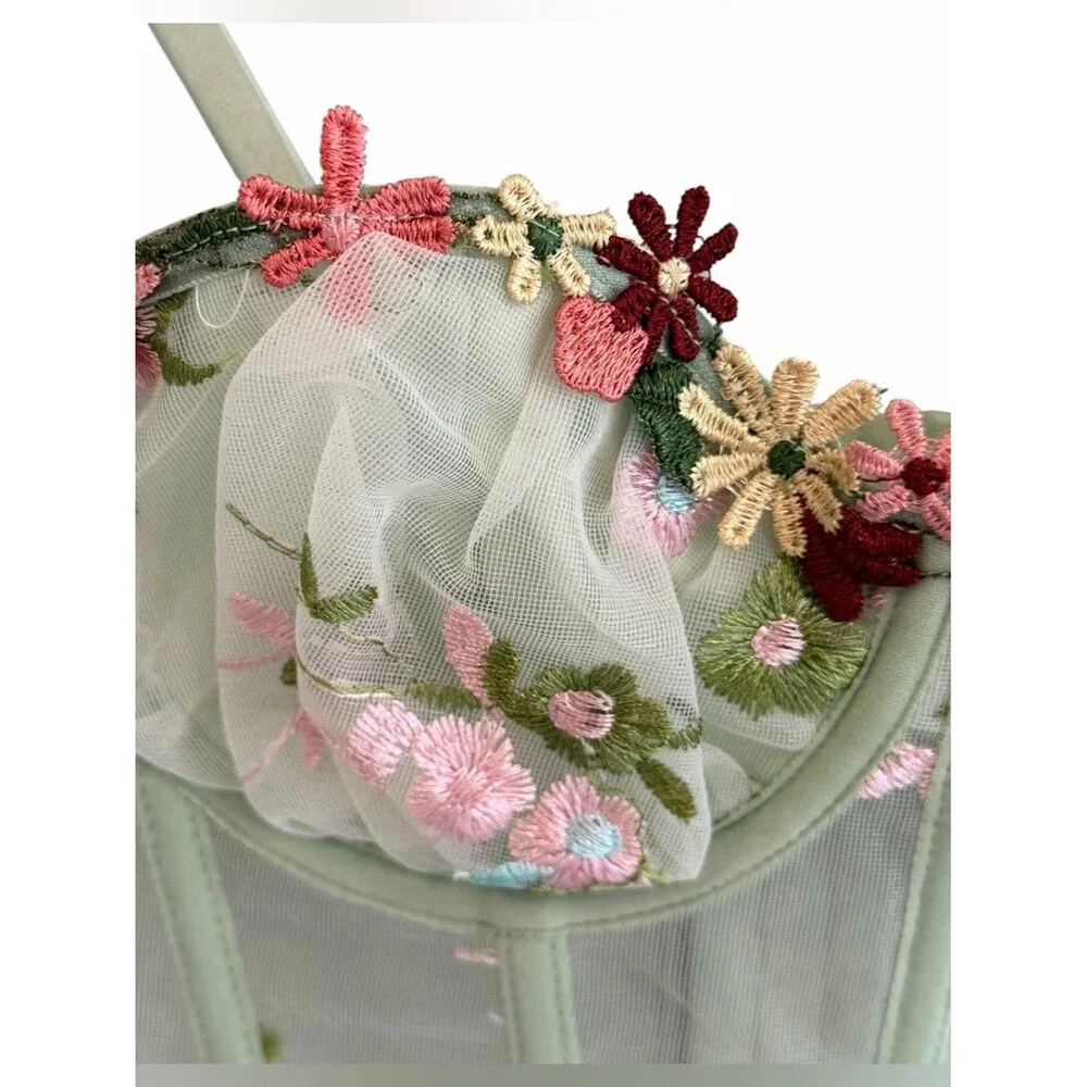 Womens Sheer Floral Embroidered Fairy Bustier Top Size S Coquette Festival Boho